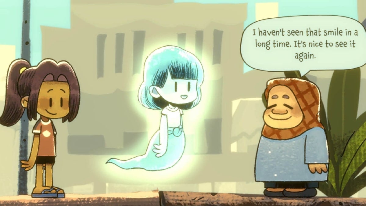 Mai and Pim talking to an old lady, who's saying